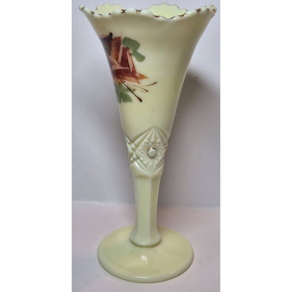 Jefferson Diamond W/ Peg Rose Decorated Custard Glass Vase Glows Art Deco - Picture 4 of 16